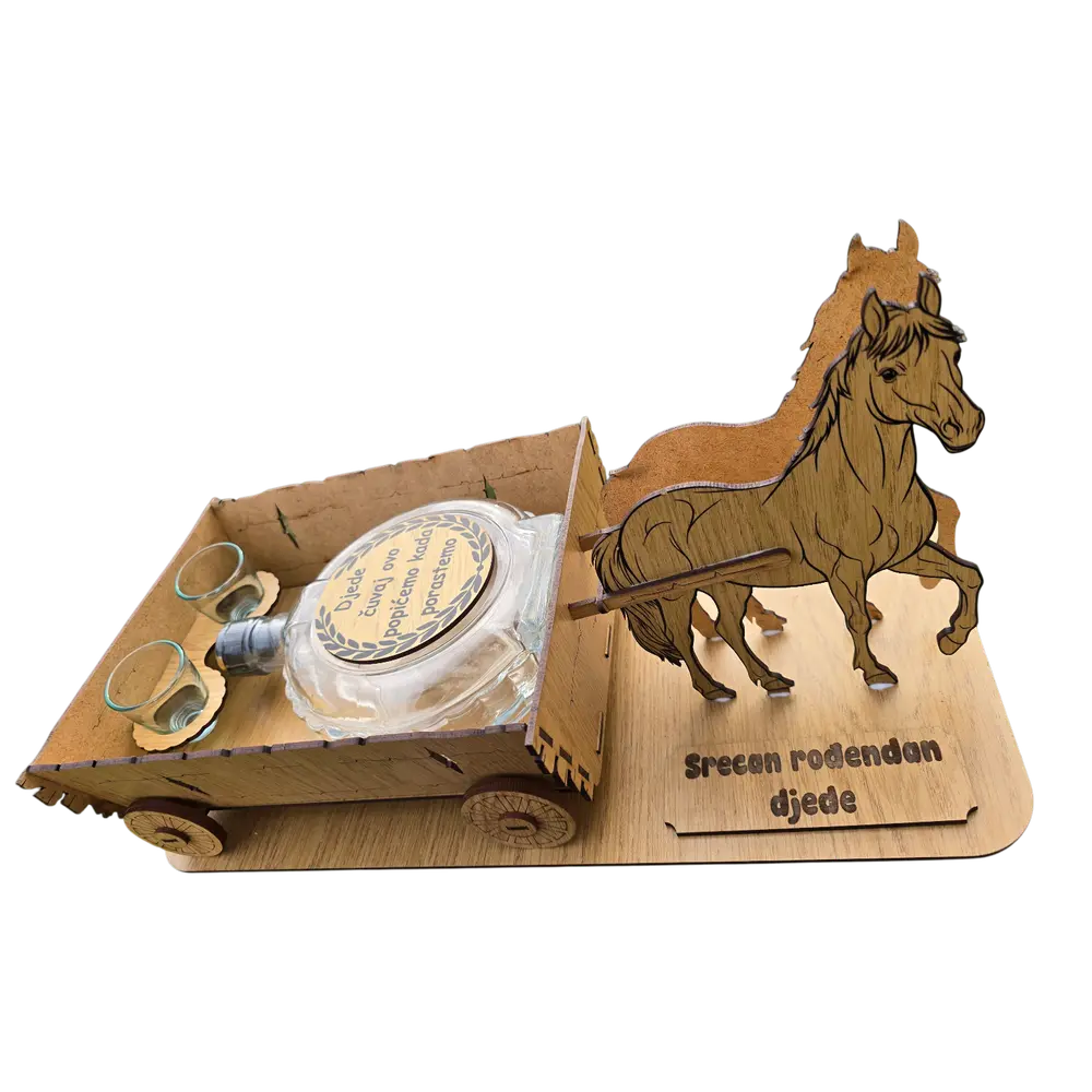 Drvena Kočija sa Flašom i Čašicama – Poklon Set