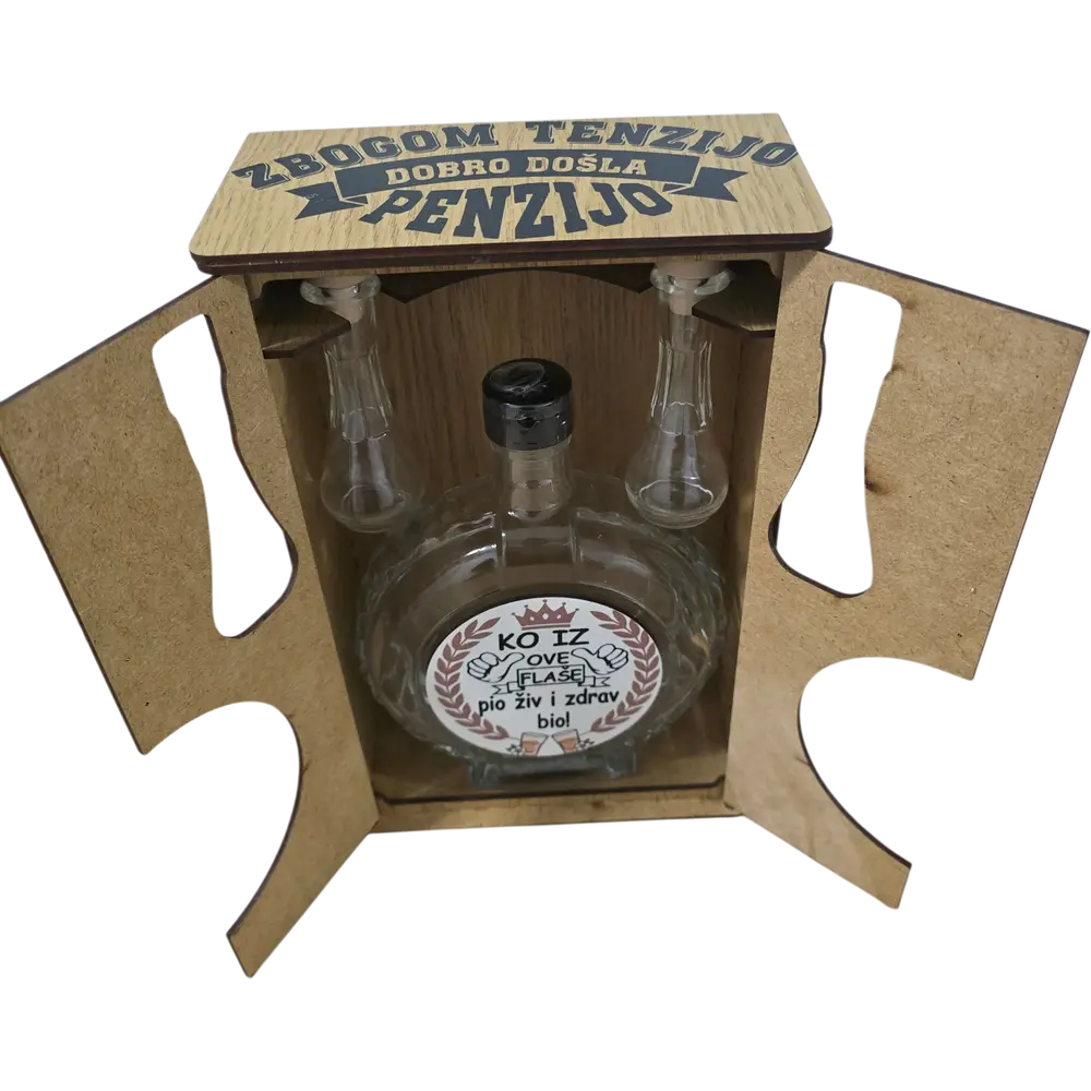 Drveni "Mini Bar" orman sa flašom 0.7l i dva čokanja – Personalizovani set